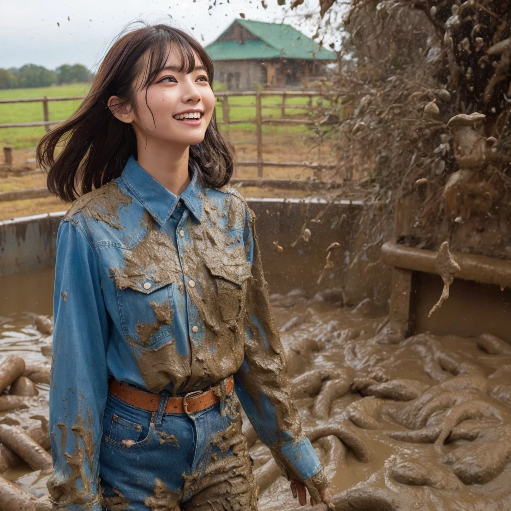 One girl, ,smile, High-resolution images, Asian,A lot of mud falls,woman, 彼女の服はCovered in mudになっている, Wet clothes,Captivatingly shining eyes. Covered in mud,Wearing a long sleeve denim shirt and jeans,soaked jeans, She is standing in the swamp. , captured in the style of a magical forest arツーork., (masterpiece, Highest quality, Official Art,Intricate details:1.2)