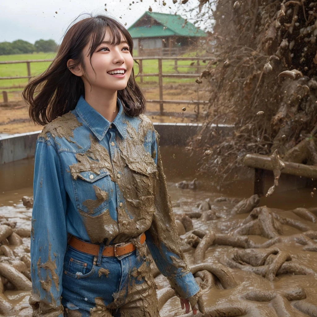 One girl, ,smile, High-resolution images, Asian,A lot of mud falls,woman, 彼女の服はCovered in mudになっている, Wet clothes,Captivatingly shining eyes. Covered in mud,Wearing a long sleeve denim shirt and jeans,soaked jeans, She is standing in the swamp. , captured in the style of a magical forest arツーork., (masterpiece, Highest quality, Official Art,Intricate details:1.2)