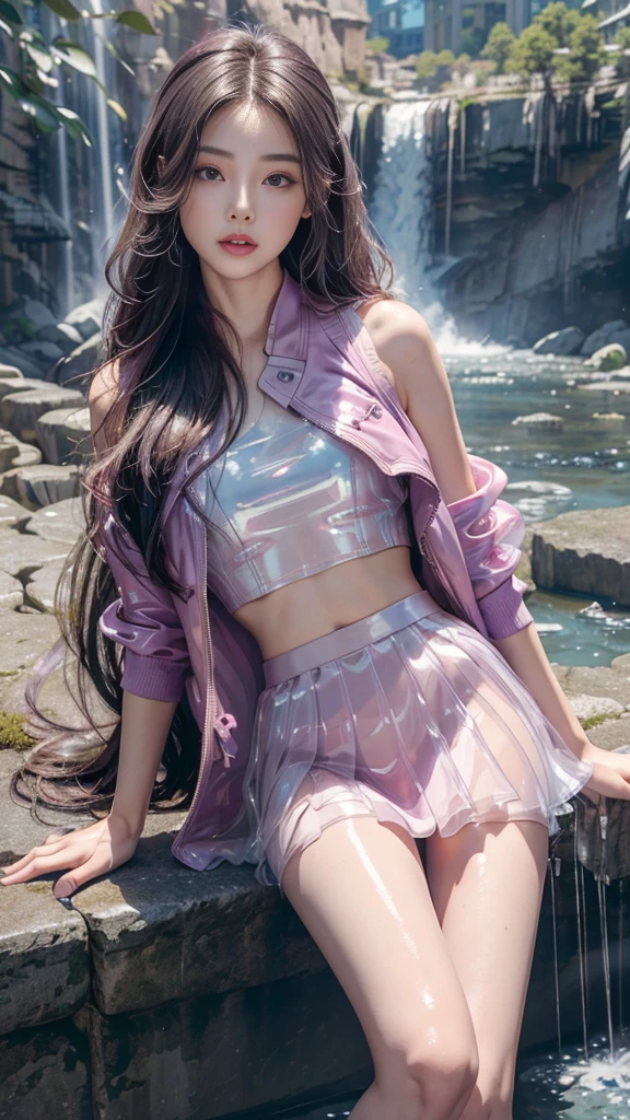 8k, masterpiece, 1 girl, beautiful face, ((very long hair)), glossy makeup, closed mouth, (glossy skin:1.5), detailed eyes, detailed lips, small bust, pink short jacket, lavender vest, ((transparent mini skirt)), ((under pants)), ((bare thigh)), straps clothing, (waterfall:1.5), steam effect, water vapor, adult pose,