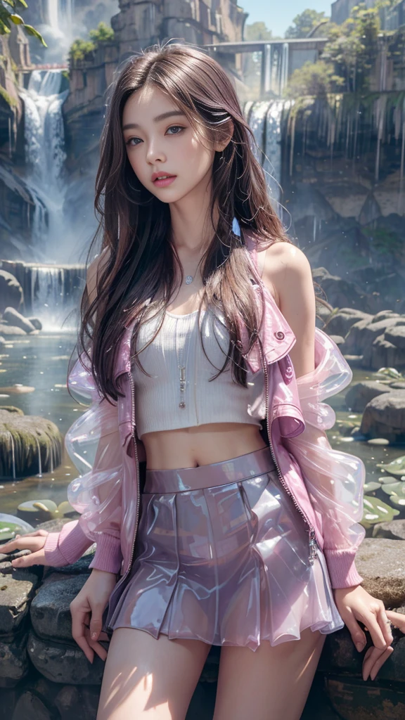 8k, masterpiece, 1 girl, beautiful face, ((very long hair)), glossy makeup, closed mouth, (glossy skin:1.5), detailed eyes, detailed lips, small bust, pink short jacket, lavender vest, ((transparent mini skirt)), ((under pants)), ((bare thigh)), straps clothing, (waterfall:1.5), steam effect, water vapor, adult pose,