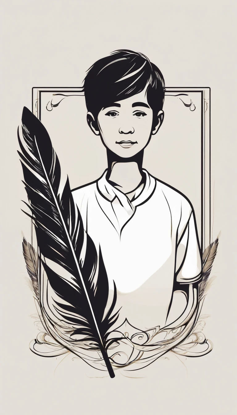 Create a minimal, modern, simple, inspirational, memorable, dream like logo design of a boy and a feather for the brand “Penamemoria".