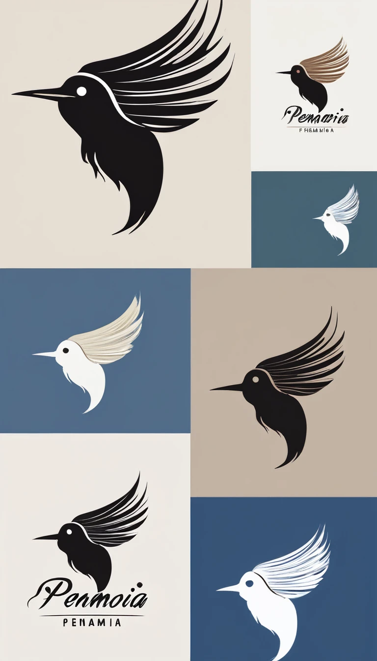 Create a minimal, modern, simple, inspirational, memorable, dream like logo design of a boy and a feather for the brand “Penamemoria".