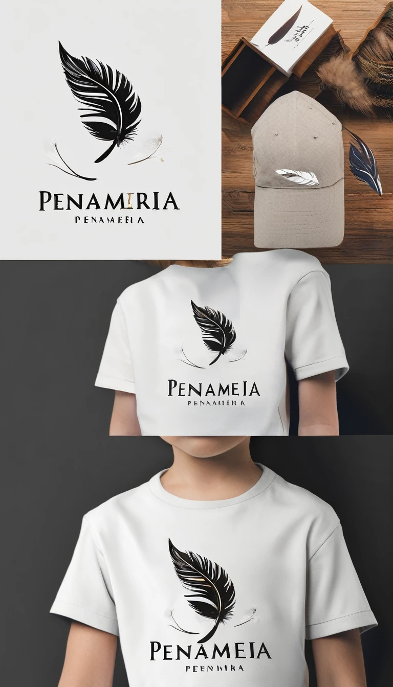 
Create a minimal, modern, simple, inspirational, memorable, dream like logo design of a boy and a feather for the brand “Penamemoria".