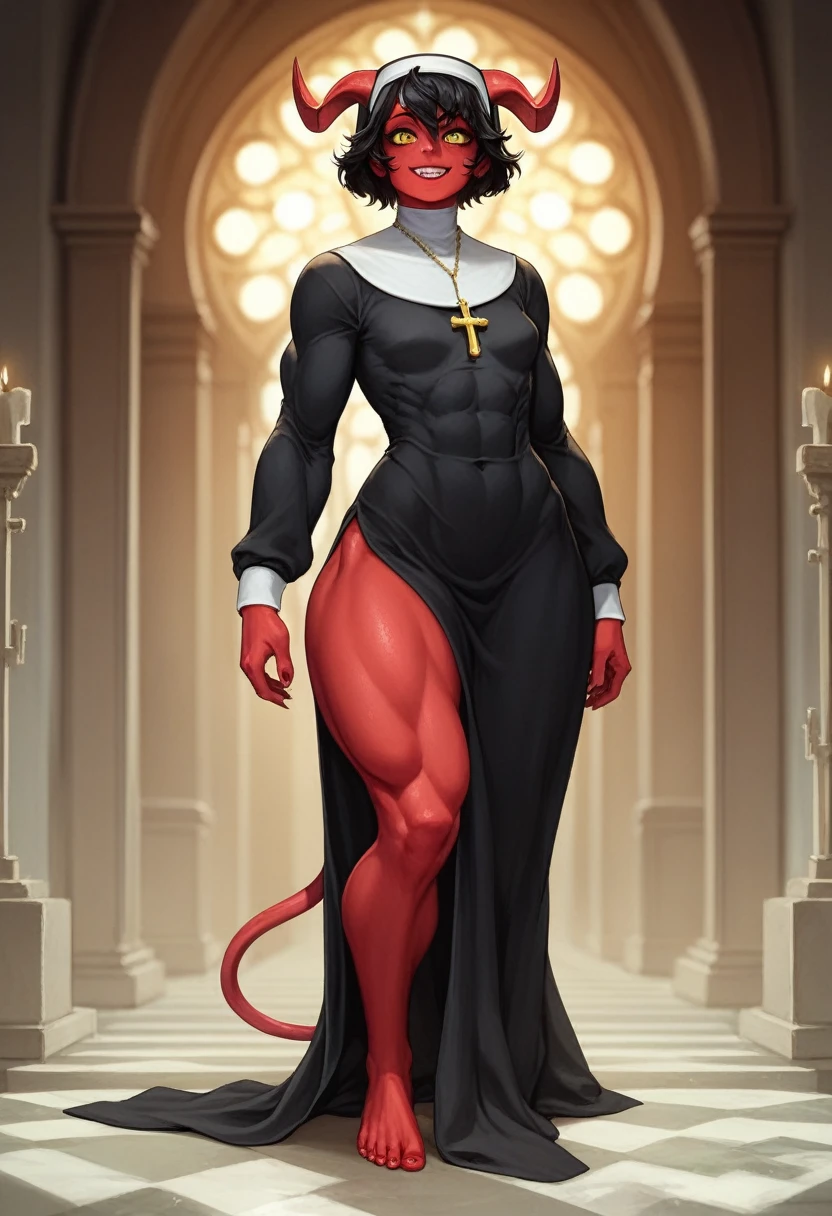Masterpiece, best quality, millie, 1girl, solo, detailed face, upper body, yellow eyes, short hair, black hair, demon girl, horns, (nun, loose clothes, dress, long sleeves), (muscular female, abs:0.75), red skin, colored skin, novel illustration, smile, (full body:1.5), thick thighs, wide hips, small breasts, ,