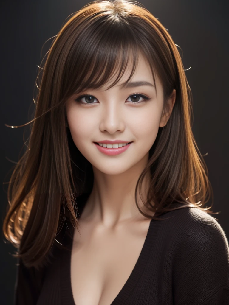 masterpiece, Highest quality, Super detailed, 複雑に詳細なSuper detailed, Realistic, Sharp features, Very detailed, Sharp focus, Perfect Face, Perfect Face, Perfect symmetrical perfect eyes, Perfect Plump Lips, Flexible female form, Cinematic, Film Light, Super detailed, hyper Realistic, High resolution, Vibrant, Dynamic Studio Lighting, ((Dark Background)), (A modest smile), (Captivating smile), Light brown hair, Asymmetrical Hair, Asymmetrical bangs, Messy Hair, Exposed cleavage, Brown eyes, Black sweater, Cowboy Shot, 