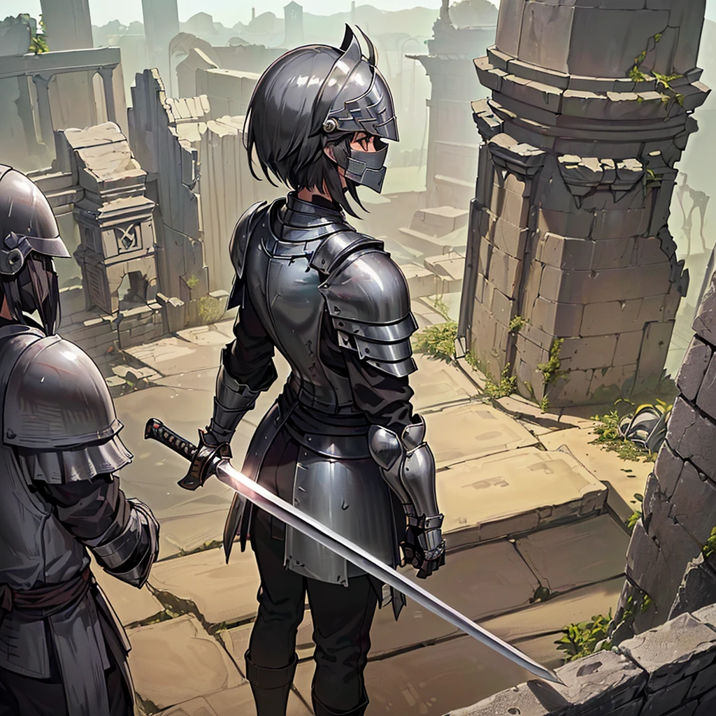 Best illustrations、Best Quality、(((Simple grey armor、Black trousers、Black glover.々Hairstyle、Mr.々Hair coron helmet、Iron Mask、Iron Helmet)、(((Grab the sword、Get Ready)))、(Old ruins、desert。Grass)、Fall to the floor、(Black, muddy swamp)、(中世の騎士が10 people)、(get annoyed、anxiety、impatience、Open your mouth、shout)、(lots of medieval knights、10 people)、battlefield、(From the back、Back view、back view)、From above