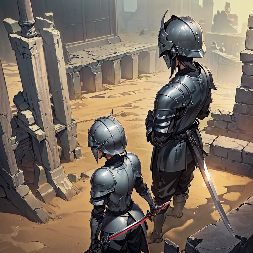 Best illustrations、Best Quality、(((Simple grey armor、Black trousers、Black glover.々Hairstyle、Mr.々Hair coron helmet、Iron Mask、Iron Helmet)、(((Grab the sword、Get Ready)))、(Old ruins、desert。Grass)、Fall to the floor、(Black, muddy swamp)、(中世の騎士が10 people)、(get annoyed、anxiety、impatience、Open your mouth、shout)、(lots of medieval knights、10 people)、battlefield、(From the back、Back view、back view)、From above