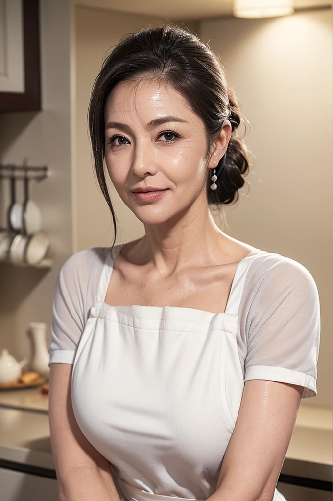 (masterpiece:1.4),(59 years old female :1.5),(Facial wrinkles:1.2), (side ponytail hair : 1), gentle smile, beautiful Mature Woman, glossy make up, (thick lips), (White apron : 1.3), (short-sleeve blouse : 1.2), (collar bone), pores, Skin blemishes, fleckled skin, realistic detailed skin, (Plump arms : 1.3), kitchen