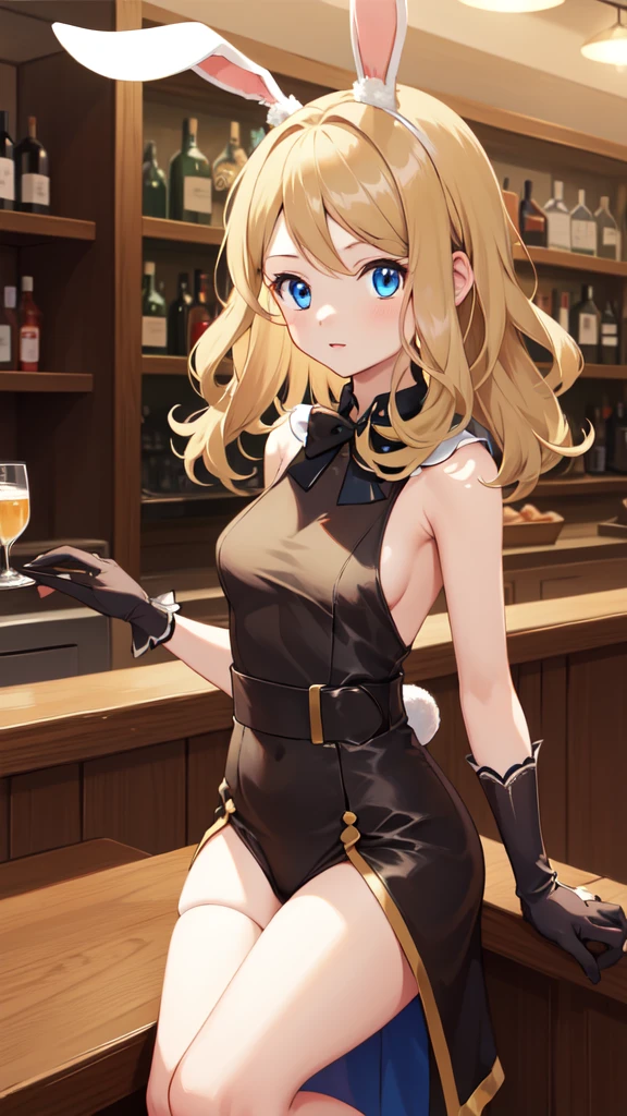 gonzarez, masterpiece, Serenaj, 1girl,l solo,
blue eyes, blonde hair, medium hair, open eyes, bar background, bunny girl, bunny girl outfit , bunng girl gloves, Cute face, 4k