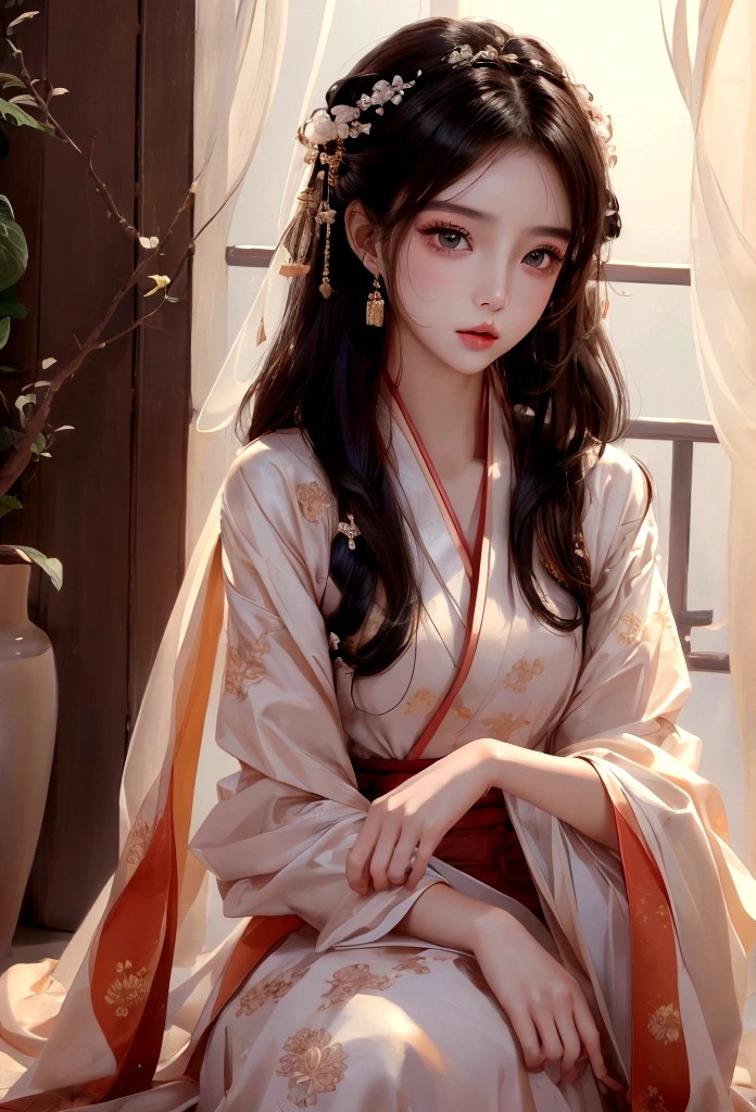 Best image quality、8K、masterpiece:1.3))、Realistic high-quality photos、Highest quality、 Beautiful face、Photos of slim models、Beautiful girl model、Young and pretty face、Beautiful model girl、A lovely and delicate face、Black Hair、Beautiful brown eyes、Young Body、Hanfu, (emphasize)、Camera gaze,、Anatomically correct、胸の谷間をemphasize、whole body、13-year-old female model