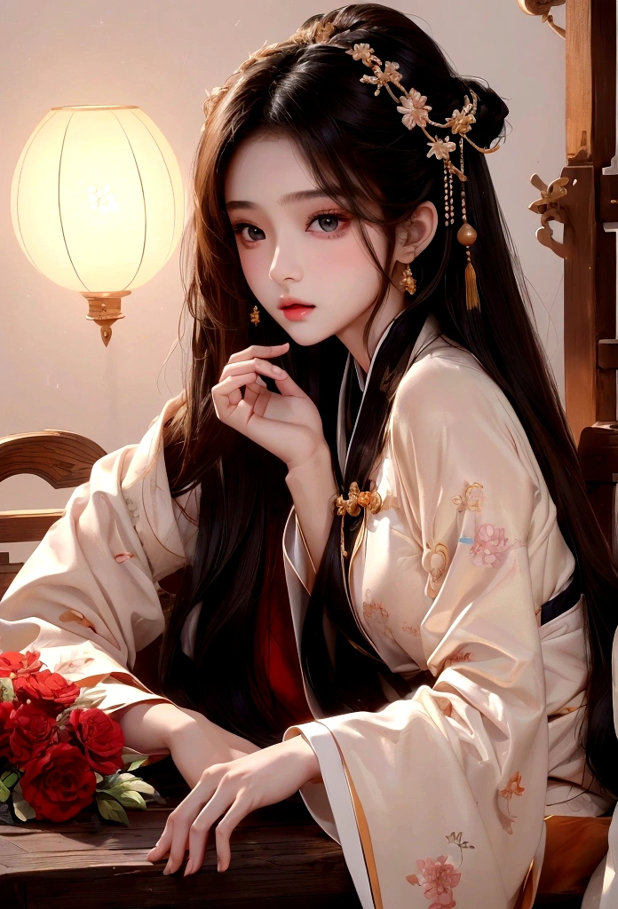 Best image quality、8K、masterpiece:1.3))、Realistic high-quality photos、Highest quality、 Beautiful face、Photos of slim models、Beautiful girl model、Young and pretty face、Beautiful model girl、A lovely and delicate face、Black Hair、Beautiful brown eyes、Young Body、Hanfu, (emphasize)、Camera gaze,、Anatomically correct、胸の谷間をemphasize、whole body、13-year-old female model