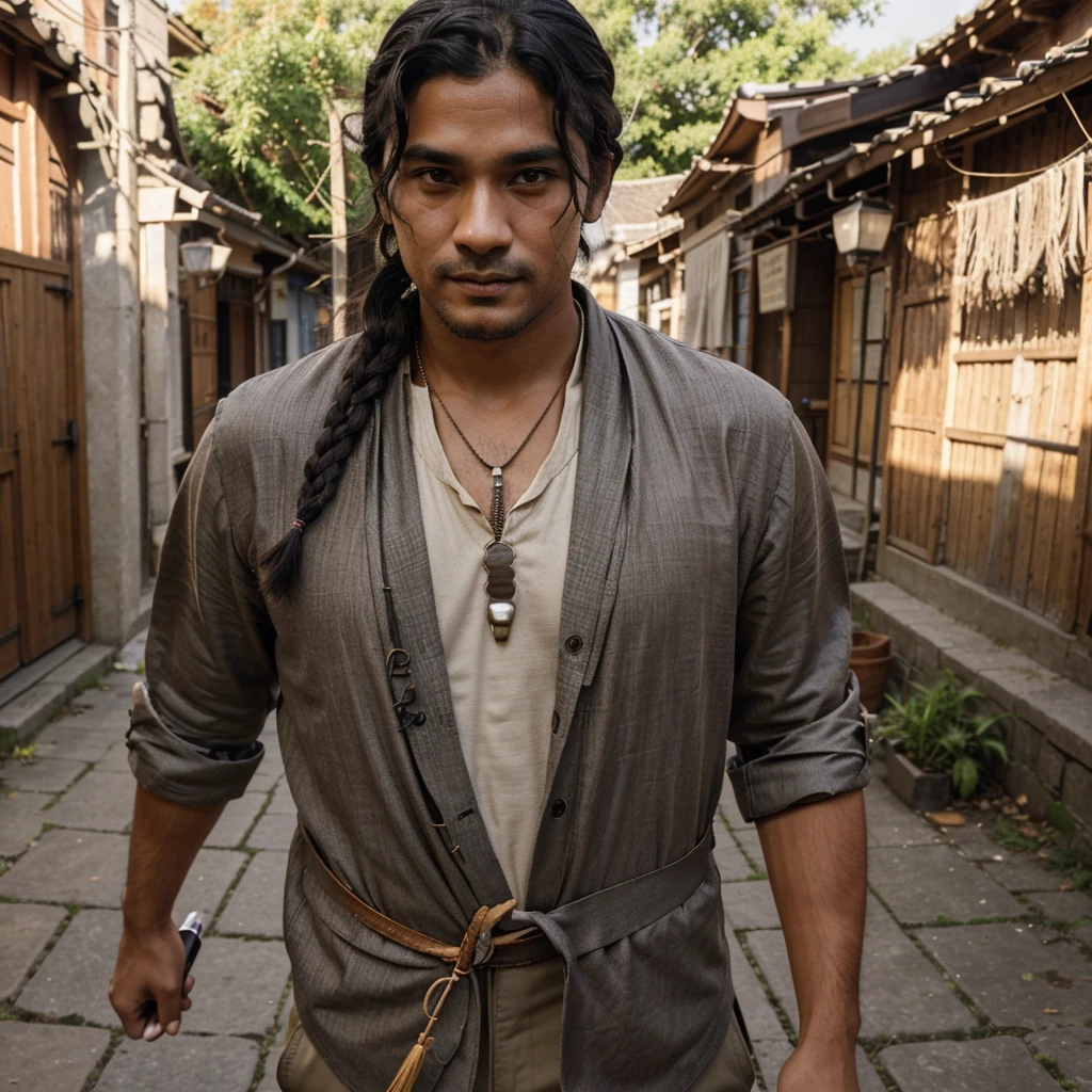 "A 30-year-old man named Raka walks with wavy black hair tied halfway. He wears modern traditional clothing, such as batik with neutral-colored trousers, and a necklace with a wooden pen-shaped pendant. His dark brown eyes express enthusiasm, and his tan skin with a small scar on his left cheek adds character. Raka carries an old leather notebook and a unique feather pen, which he uses to draw simple illustrations in the air while telling stories. With a deep and calming voice, he brings stories to life, embedding moral values and cultural knowledge in each tale. Realistic, detailed, half-body."