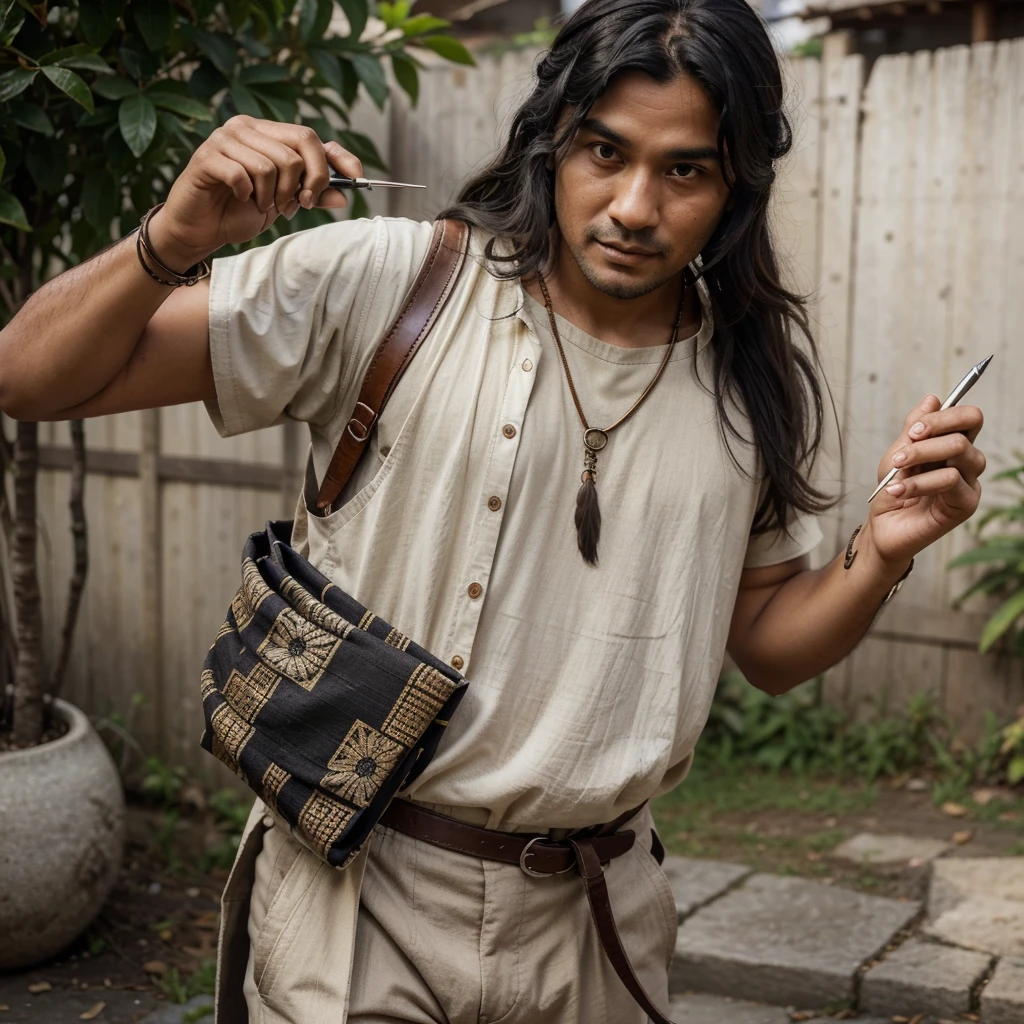 "A 30-year-old man named Raka walks with wavy black hair tied halfway. He wears modern traditional clothing, such as batik with neutral-colored trousers, and a necklace with a wooden pen-shaped pendant. His dark brown eyes express enthusiasm, and his tan skin with a small scar on his left cheek adds character. Raka carries an old leather notebook and a unique feather pen, which he uses to draw simple illustrations in the air while telling stories. With a deep and calming voice, he brings stories to life, embedding moral values and cultural knowledge in each tale. Realistic, detailed, half-body."