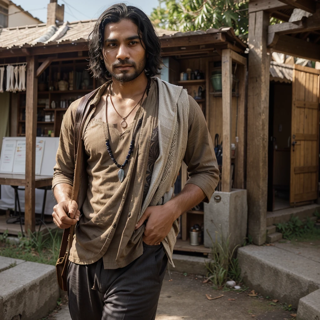 "A 30-year-old man named Raka walks with wavy black hair tied halfway. He wears modern traditional clothing, such as batik with neutral-colored trousers, and a necklace with a wooden pen-shaped pendant. His dark brown eyes express enthusiasm, and his tan skin with a small scar on his left cheek adds character. Raka carries an old leather notebook and a unique feather pen, which he uses to draw simple illustrations in the air while telling stories. With a deep and calming voice, he brings stories to life, embedding moral values and cultural knowledge in each tale. Realistic, detailed, half-body."