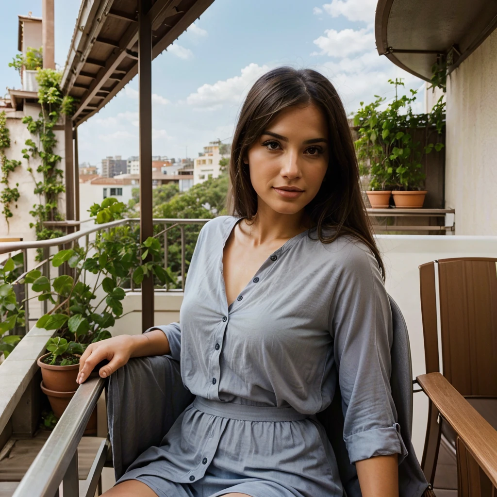 A beautiful lady sitting on balcony and enjoying the sunlight realistic portrait 