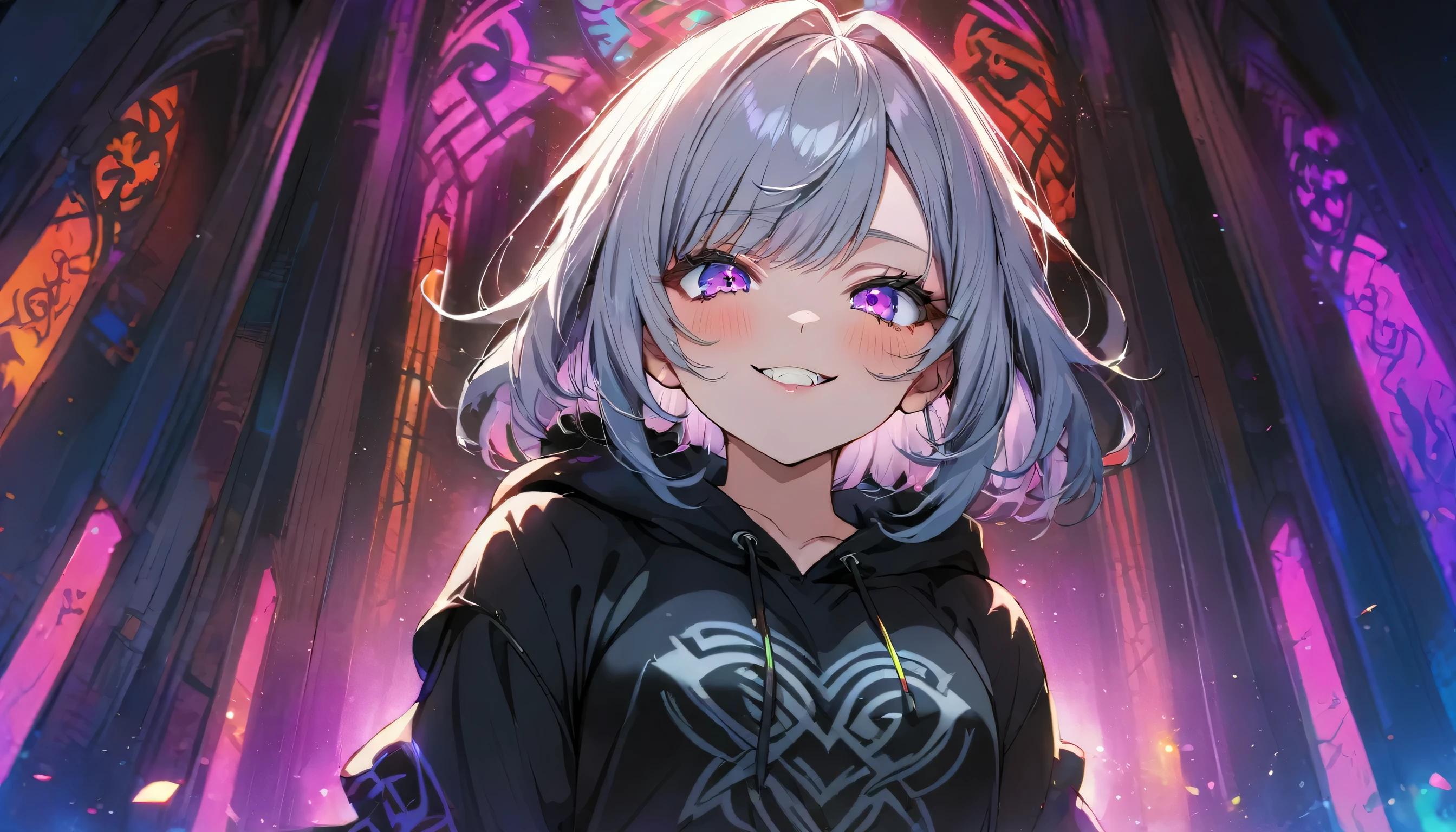 ((Masterpiece)), ((best quality)), (Anime:1.3), (super detail:1.2), (High Definition:1.3), (Professional Photography:1.3), cute young Girl, Glossy unruly hair, (loose swept bangs), (silver ash hair), medium hair, big eyes, (Eye bags:1.3), (Long eyelashes), colorful eyes, (evil smile and blush), Glossy lips, (jagged teeth), farewell, ((black hoodie with oversized)), mini skirt, (upper body:1.3), barearms, cute, (colorful:1.3), gothic makeup, (wearing headphone), (Banishing evil spirits:1.3), (neon-lit:0.7), pretty, Celtic, maniac, gazing skyward, (at altar:1.3), (dutch angle:1.3), (from below),