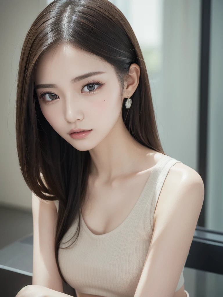 a cute woman, 8K, beautiful detailed eyes, upper body, beautiful detailed lips, extremely detailed eyes and face, long eyelashes, slender body, thin face, delicate features, flawless porcelain skin, glistening sweat, realistic, tank top, mini skirt, one-person viewpoint, Fuji Film, F/1.2, masterpiece, nffsw, super detail, high quality, best quality, high resolution, glasses, mole under right eye, hands not visible