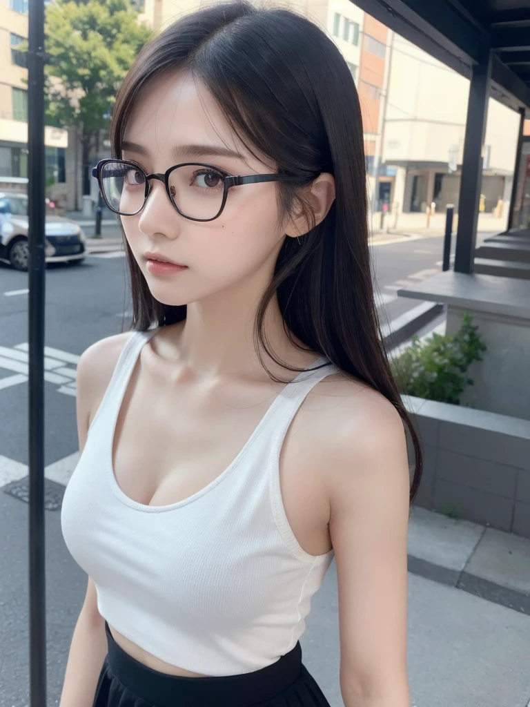 a cute woman, 8K, beautiful detailed eyes, upper body, beautiful detailed lips, extremely detailed eyes and face, long eyelashes, slender body, thin face, delicate features, flawless porcelain skin, glistening sweat, realistic, tank top, mini skirt, one-person viewpoint, Fuji Film, F/1.2, masterpiece, nffsw, super detail, high quality, best quality, high resolution, glasses, mole under right eye, hands not visible