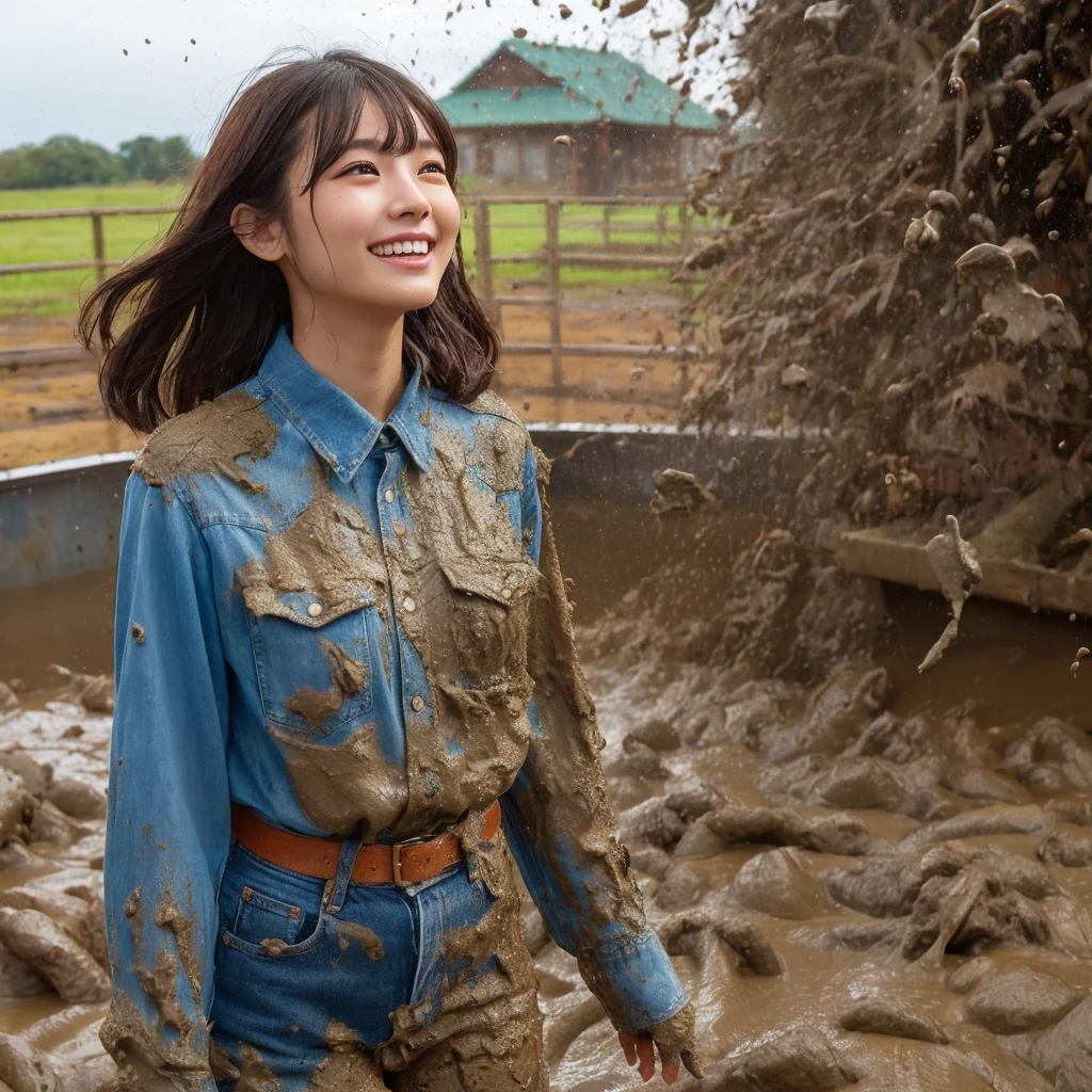 One girl, ,smile, High-resolution images, Asian,A lot of mud falls,woman, 彼女の服はCovered in mudになっている, Wet clothes,Captivatingly shining eyes. Covered in mud,Wearing a long sleeve denim shirt and jeans,soaked jeans, She is standing in the swamp. , captured in the style of a magical forest arツーork., (masterpiece, Highest quality, Official Art,Intricate details:1.2)