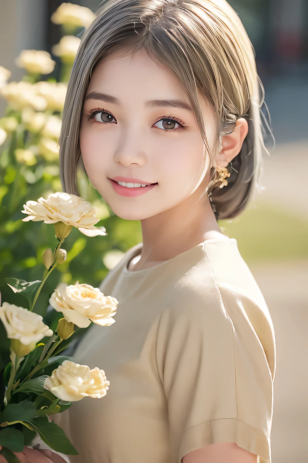 (((Beige World:1.3)))、Best Quality, masutepiece, High resolution, (((1girl in))), sixteen years old,(((Eyes are gray:1.3)))、Beige dress、((Beige shirt:1.3、Beige Color Block Dress)), Tindall Effect, Realistic, Shadow Studio,Ultramarine Lighting, dual-tone lighting, (High Detail Skins: 1.2)、Pale colored lighting、Dark lighting、 Digital SLR, Photo, High resolution, 4K, 8K, Background blur,Fade out beautifully、florals、Flowers in the background、Beige World.smile