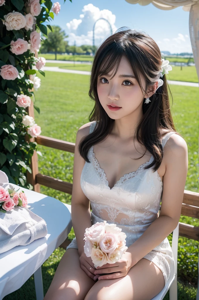 Ultraman Tiga in the sky,Bride and groom sitting on chairs in front of flower arch, wedding photo, Flower fields in the foreground, wedding, 童话background, Shot with Canon EOA 6 D Mark II, Wide-angle lens!!!!!!, background, Surreal!!!, Nice composition, Overhead shot, luxurious wedding, Photos taken with Canon 5d, 在风景优美的background中, detailed Wide-angle lens Ultraman Tiga in the sky