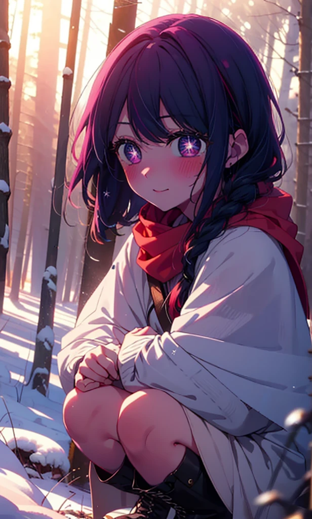 aihoshino, Ai Hoshino, Long Hair, bangs, (Purple eyes:1.1), Purple Hair, (Symbol-shaped pupil:1.5), smile,,smile,blush,White Breath,
Open your mouth,snow,Ground bonfire, Outdoor, boots, snowing, From the side, wood, suitcase, Cape, Blurred, , forest, White handbag, nature, Squat, Mouth closed, Cape, winter, Written boundary depth, Black shoes, red Cape break looking at viewer, Upper Body, whole body, break Outdoor, forest, nature, break (masterpiece:1.2), Highest quality, High resolution, unity 8k wallpaper, (shape:0.8), (Beautiful and beautiful eyes:1.6), Highly detailed face, Perfect lighting, Highly detailed CG, (Perfect hands, Perfect Anatomy),