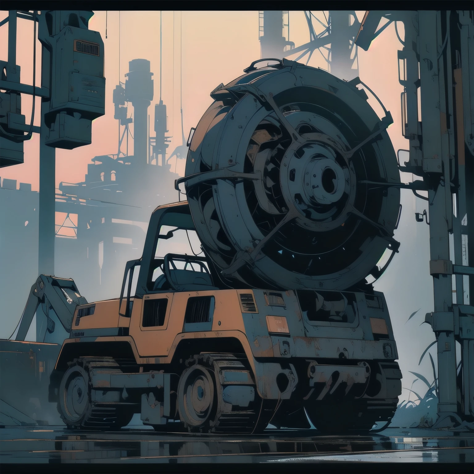 Detailed Machinery、Abandoned Factory、Atrium、White Flower Field、(((Rusty heavy equipment)))、Pitch Black Night、(((Blue dark)))、fog、Detailed Background、Top Quality、(((No humans)))、Broken heavy machinery、Complex heavy machinery、Faint lighting、petal、Sunset