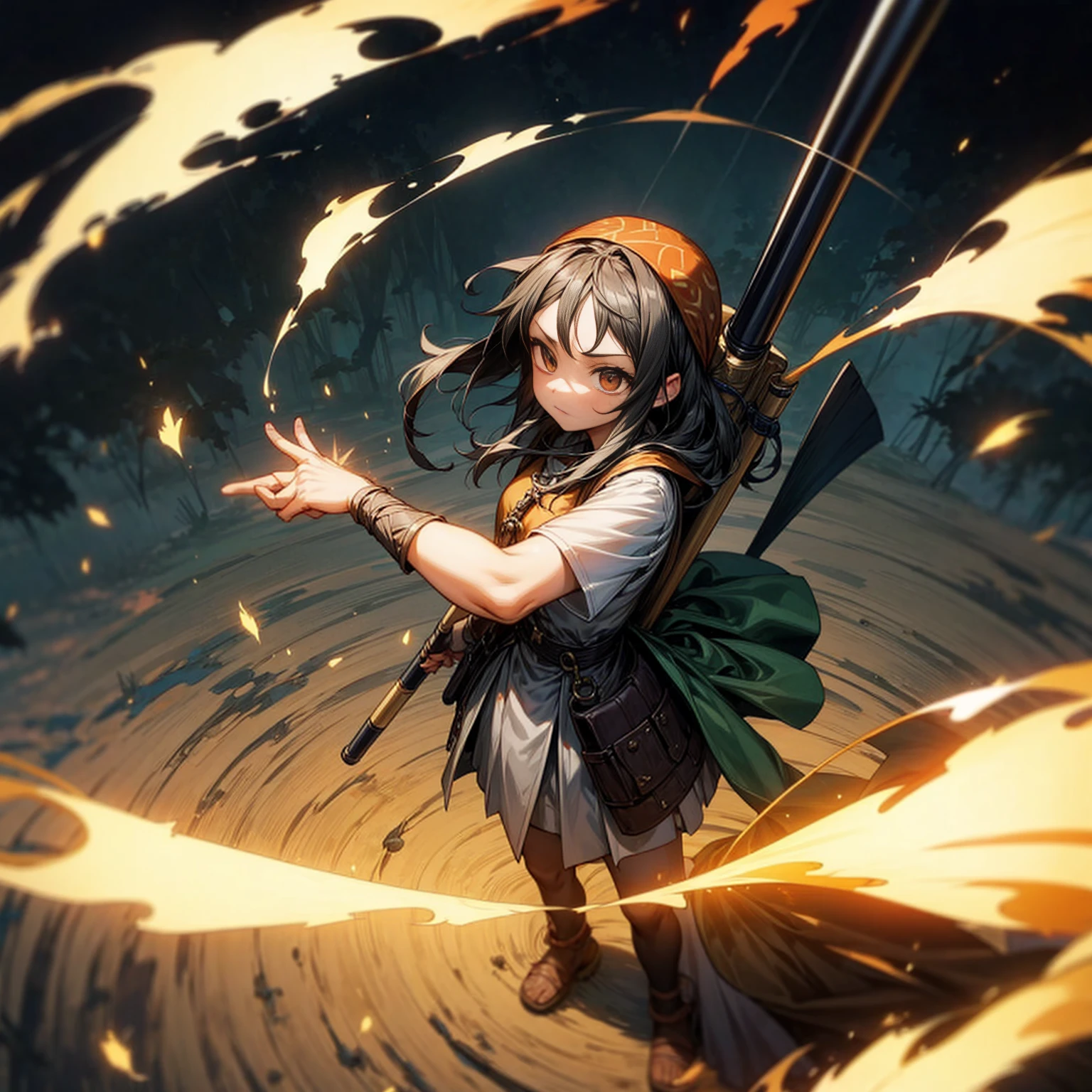1girl, Full body version, 1character, adult version, gold eyes color, long haircut, (black color hair), bandana, medieval style clothing, bazooka in hand, Grassroots, full background in field forest, motion blur, smoke effect, lighting bazooka, fire, Fire lighting, (Hunter x Hunter style), standing gesture, plasma effect, aura effect, high angle view 