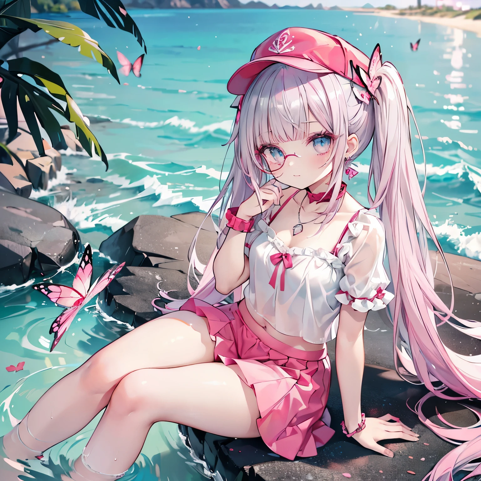 high angle,from above,cleavage,((elegant red pink baseball cap)),
(wearing elegant red pink round frame glasses,circle frame),((white frilled sexy elegant cute blouse,
sexy red flair mini skirt)),(beautiful pink and green butterflies and fish all over the place),colorful fish,flowers,fantasy beams and lights,
((masterpiece:1.4, best quality)), ((masterpiece, best quality)),((beautiful twin tail silver pink hair,blunt bangs,beautiful cobalt blue eyes,little cute girl)),full body, flat sitting in the water,(beautiful emerald green beach,waves),(water splash,lovely laugh), (pink Lace chalker, red wristband, diamond necklace,earrings),cinematic lighting and pause,beautiful natural mysterious beach,night sky,full moon,(beautiful pink and red butterflies and fish all over the place),