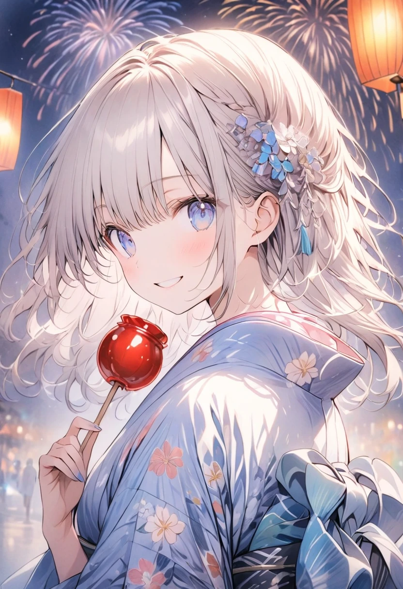 (masterpiece:1.2),(アニメ),、Anime Cute Girl、cute、silver Hair、Long Hair、Half Up、hair ornaments、Beautiful blue eyes、Red eyeliner、Girl wearing yukata、Yukata with bright floral pattern、Pink Yukata、Short length、smile、((Holding a candy apple in her hand)),Night stalls、Night Festival、(((background、Fireworks)))、Festivals、summer night、Light production、Beautiful artwork、Detailed drawing、A Scene of Youth、Fisheye Lens、Close-up,Pale colors