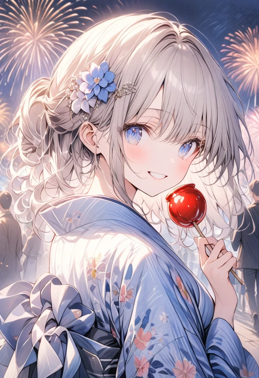 (masterpiece:1.2),(アニメ),、Anime Cute Girl、cute、silver Hair、Long Hair、Half Up、hair ornaments、Beautiful blue eyes、Red eyeliner、Girl wearing yukata、Yukata with bright floral pattern、Pink Yukata、Short length、smile、((Holding a candy apple in her hand)),Night stalls、Night Festival、(((background、Fireworks)))、Festivals、summer night、Light production、Beautiful artwork、Detailed drawing、A Scene of Youth、Fisheye Lens、Close-up,Pale colors