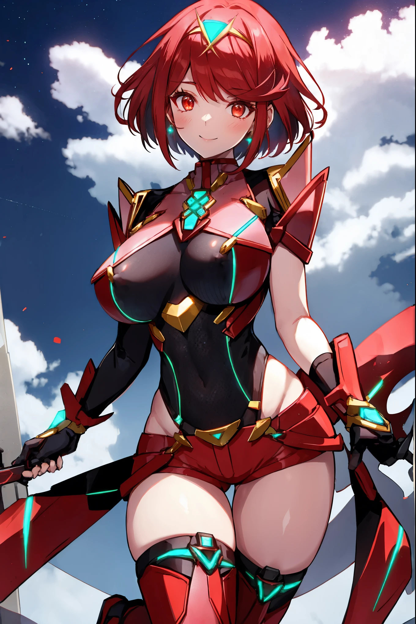 pyra \(xenoblade\), young_teen_1girl, armor, bangs, black gloves, breasts, red eyes, closed mouth, earrings, eyelashes, fingerless gloves, floating hair, framed breasts, gem, gloves, hair ornament, headpiece, jewelry, big_breasts, leaning back, leotard, neon trim, official art, pose, red hair, red shorts, saitou masatsugu, short hair, short shorts, short sleeves, shorts, sidelocks, skin tight, solo, standing, swept bangs, thighhighs, tiara, night_prairie_background, turtleneck, underbust, vambraces, xenoblade chronicles \(series\), (xenoblade chronicles 2), apart_legs, fire_effect,dynamic_pose_fighting,light_smile, (plump:1.1), big_ass,huge_sword, hold_large_sword_hilt, solo, covered_nipples, covered_pussy,