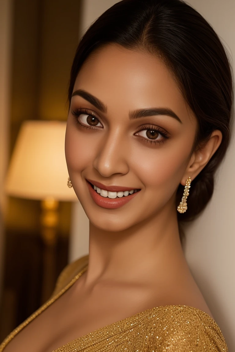 kiara ,1girl, solo, (realistic),(hyperrealism),(best quality),(masterpiece),(ultra high res),(photorealistic),(film grain),(bikini , big breasts , wide hips, looking at viewer milf),eye makeup,detailed eyes,detailed bedroom , smile ,