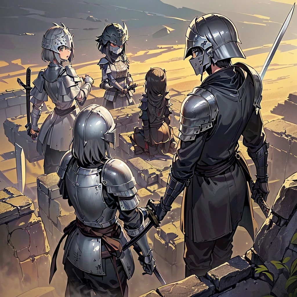 Best illustrations、Best Quality、(((Simple grey armor、Black trousers、Black glover.々Hairstyle、Mr.々Hair coron helmet、Iron Mask、Iron Helmet)、(((Grab the sword、Get Ready)))、(Old ruins、desert。Grass)、Fall to the floor、(Black, muddy swamp)、(中世の騎士が10 people)、(get annoyed、anxiety、impatience、Open your mouth、shout)、(lots of medieval knights、10 people)、battlefield、(From the back、Back view、back view)、From above