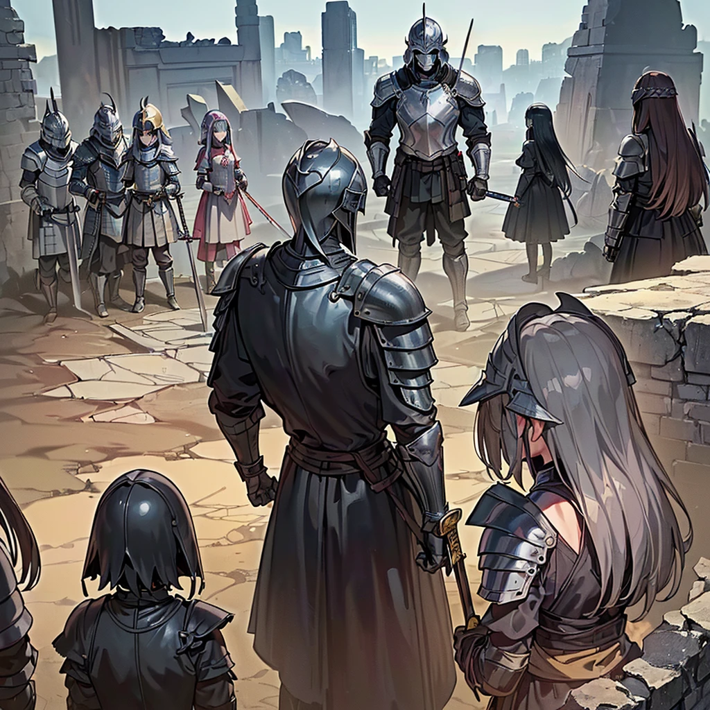 Best illustrations、Best Quality、(((Simple grey armor、Black trousers、Black glover.々Hairstyle、Mr.々Hair coron helmet、Iron Mask、Iron Helmet)、(((Grab the sword、Get Ready)))、(Old ruins、desert。Grass)、Fall to the floor、(Black, muddy swamp)、(中世の騎士が10 people)、(get annoyed、anxiety、impatience、Open your mouth、shout)、(lots of medieval knights、10 people)、battlefield、(From the back、Back view、back view)、From above