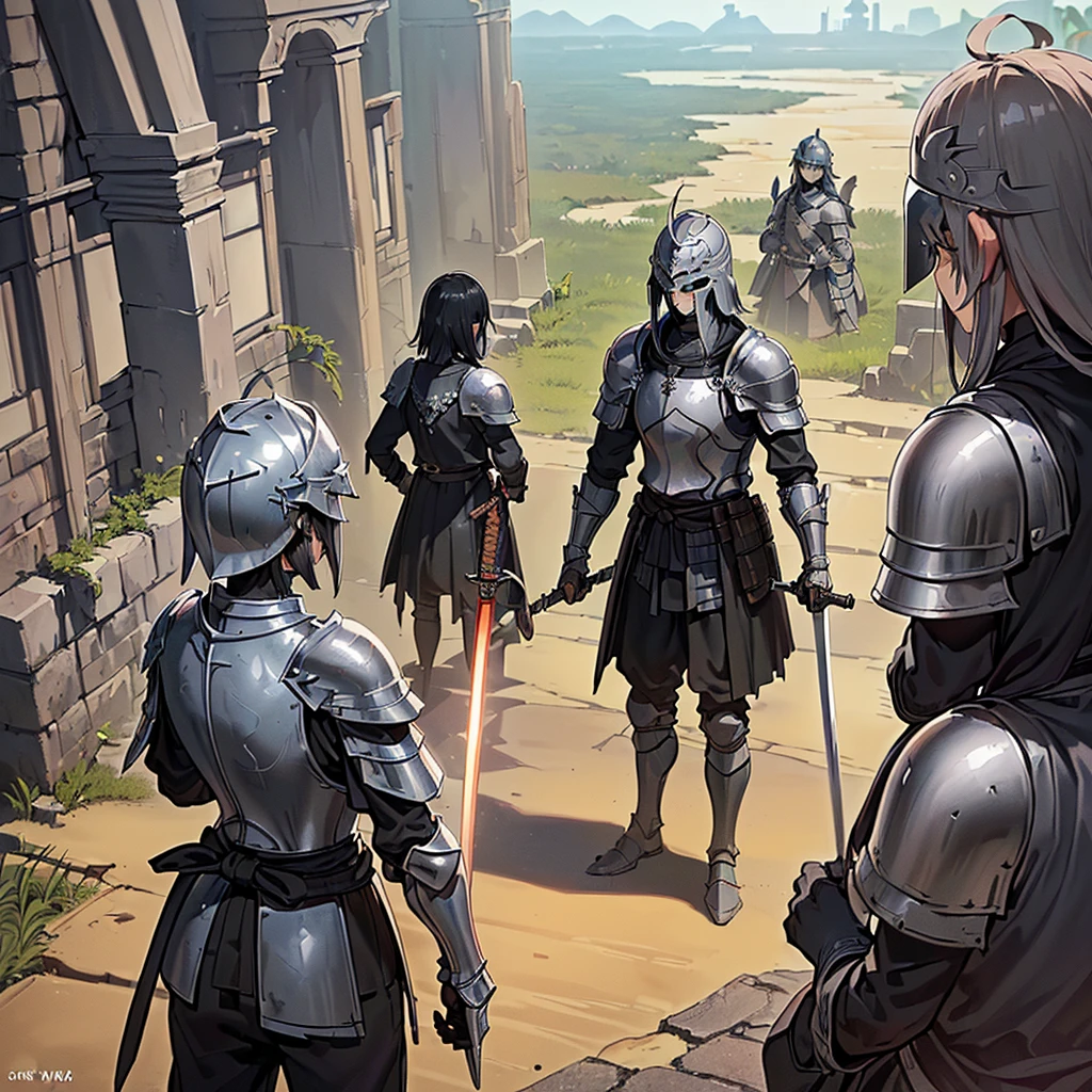 Best illustrations、Best Quality、(((Simple grey armor、Black trousers、Black glover.々Hairstyle、Mr.々Hair coron helmet、Iron Mask、Iron Helmet)、(((Grab the sword、Get Ready)))、(Old ruins、desert。Grass)、Fall to the floor、(Black, muddy swamp)、(中世の騎士が10 people)、(get annoyed、anxiety、impatience、Open your mouth、shout)、(lots of medieval knights、10 people)、battlefield、(From the back、Back view、back view)、From above
