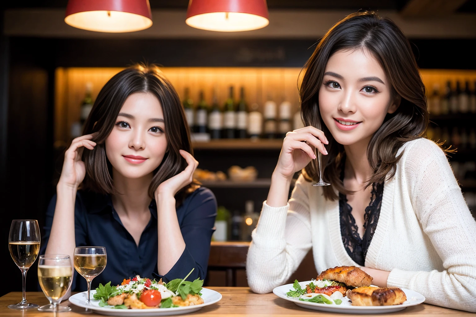 ((Highest quality、8K、masterpiece:1.3))、cute、slimカップル、modelカップル、(Realistic, Intricate details:1.2), full-course dinner、Wine Party、Amazing view of the sunset sky and clouds、A bright smile、The wonderfulness of smile、Bright image、The beauty of wine, Beautiful Face, blue eyes, The light shines on your face, Blushing, short hair,Bright Face、 (Age 37), Age 34, red wine 、Appetizers、Italian food、Wine bottle、Champagne、sparkling wine、Two beauties、Brown Hair、Shortcuts、Long sleeve shirt、dress、Beautiful woman 1, (slimな顔), (The body is slim), (Brown Hair), (Shortcuts), cheeks turn a little red,Attractive beauty、restaurant, In a prominent place (From the waist up) Nova Frog Style, actress, model, Upper Body, White wine, slim, wine glass, 中央に置かれたwine glass, smile, (smile: 1.15), Beautiful fine grain, Depth f/2,saturation, High Contrast, Strong light and shadow,Moist Body:1.5、3D texture、Delicate eyes、Brown Hair、The hair is very shiny、