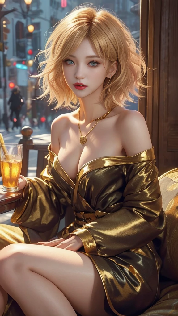 ​masterpiece, top-quality, ((1womanl)), different golden color, finely eye and detailed face, intricate detailes, Casual black and golden attire, window, A smile, Happiness, tenderness, high-level image quality、selfee, Beautuful Women、tall、a small face, D-cups, The upper part of the body、nightfall, nighttime scene、𝓡𝓸𝓶𝓪𝓷𝓽𝓲𝓬、Korea person, Idol Photos, Model photo, k pop, Professional Photos, Vampires, Korean fashion in black and golden, Fedoman with necklace, inspired by Sim Sa-jeong, androgynous vampire, :9 detailed face: 8, extra detailed face, detailed punk hair, ((eyes are deialed)) baggy eyes, Seductive. Highly detailed, semi realistic anime, Vampires, hyperrealistic teen, Delicate androgynous princess, imvu, ((short hair woman)), golden hair woman with wild look, ((Woman with short golden hair)), ((1 persons)), sitting, 