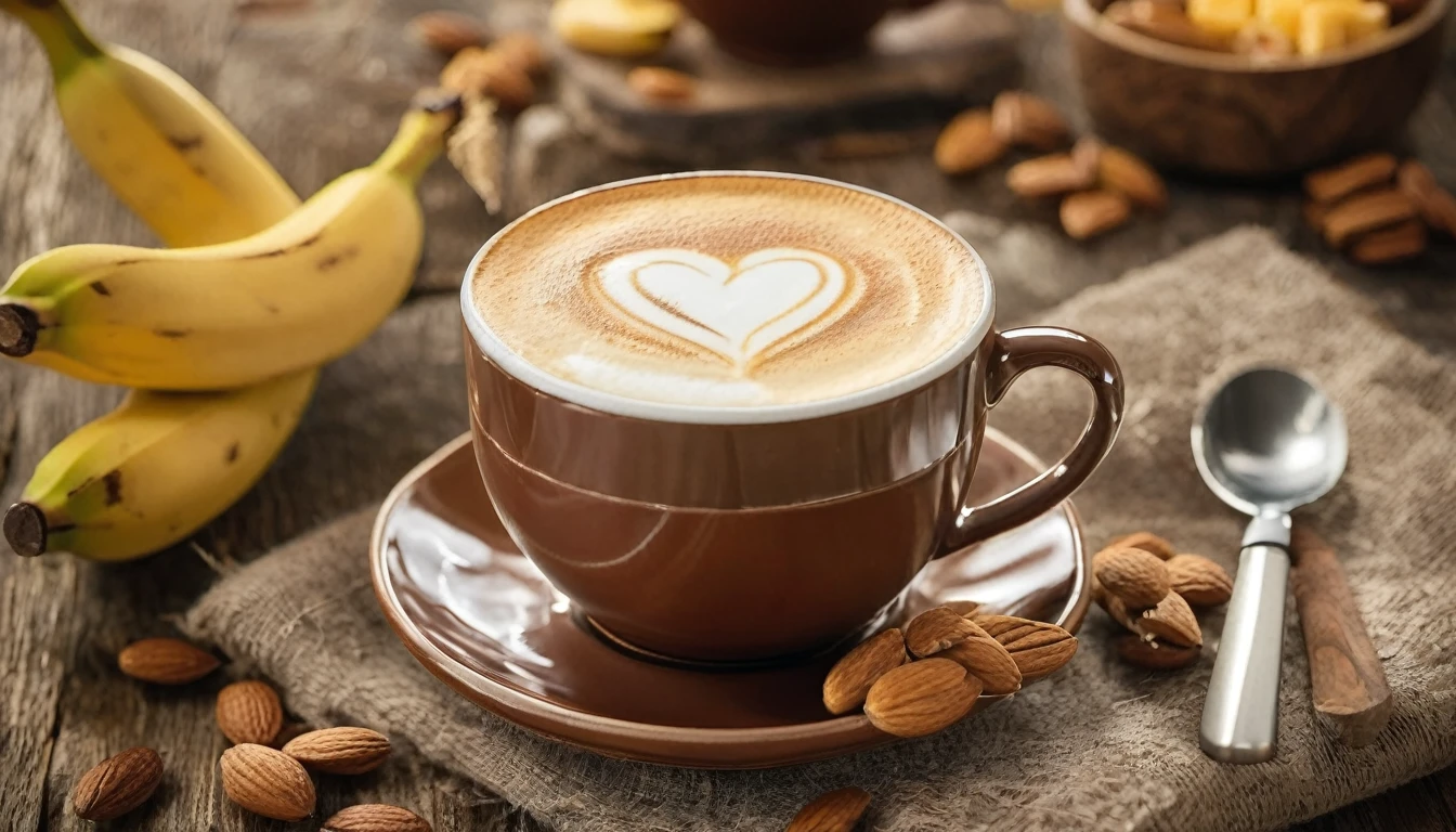Create an image of a cozy fall-themed atmosphere featuring a one white cup with heart-shaped latte art on it, placed on a wooden table surface. beside the cup, there was a slice of cake layered with cream and small sliced bananas on the cake. Surrounding it are some whole and shelled almonds, adding to the warm and inviting atmosphere. This scene is bathed in soft sunlight