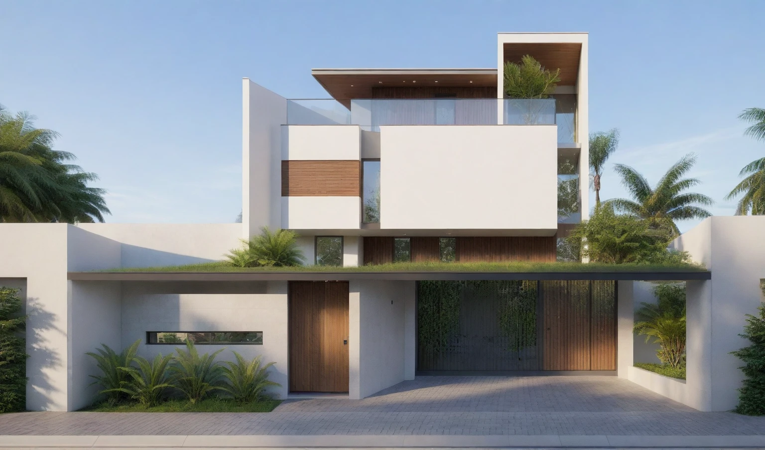 exterior house, contemporary style, white wall, wood wall, steel door, glass window, (realistic:1.2), Masterpiece, high quality, best quality, authentic, super detail, outdoors,road, trees, sky, cloud, (daylight:1.1), modern luxury villa, coconut trees, landscape, along the white beach, clear sky, day time, warm lighting RAW Photo, RAW texture, Super Realistic, 32K UHD, DSLR, soft lighting, high quality, film rating, Fujifilm XT3,Modern, Residential Architecture,  car in front of house