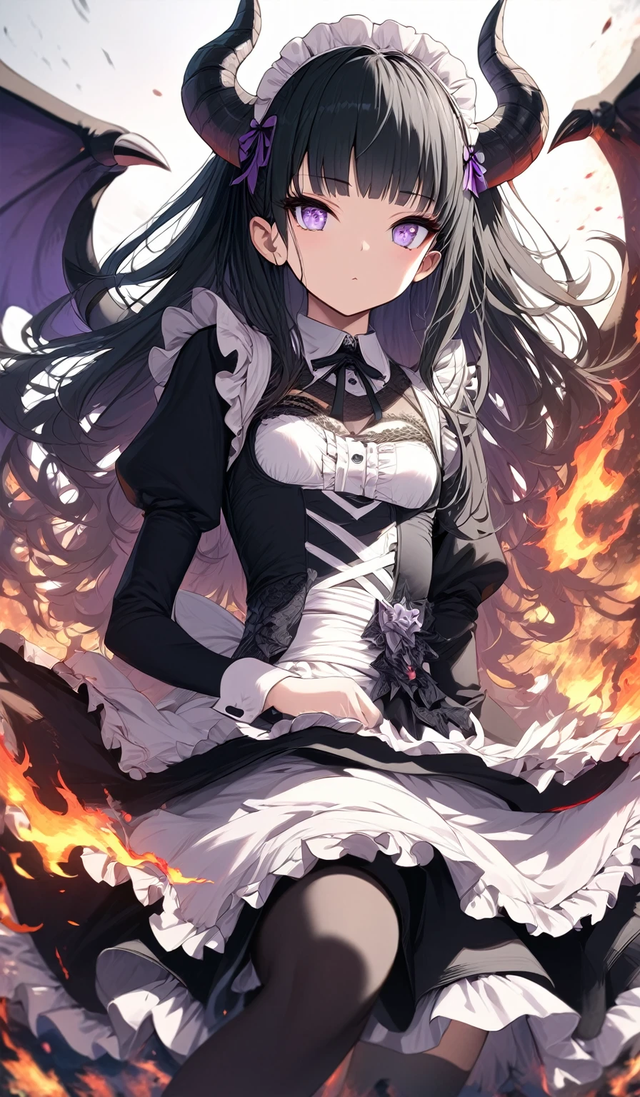Masterpiece, very detailed, ultra detailed, one, (1 girl), she is in a maid costume, and in an elegant position, small, children's style, long black hair and bangs, black demonic horns, beautiful, charming, purple eyes, elegant, small breasts, kind face, charming, she stands against the background of huge fire and flame.
