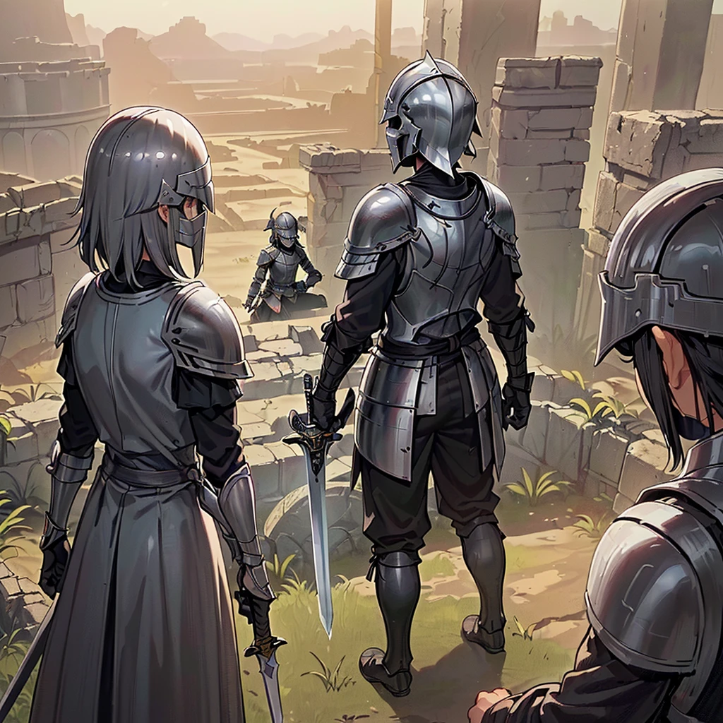 Best illustrations、Best Quality、(((Simple grey armor、Black trousers、Black glover.々Hairstyle、Mr.々Hair coron helmet、Iron Mask、Iron Helmet)、(((Grab the sword、Get Ready)))、(Old ruins、desert。Grass)、Fall to the floor、(Black, muddy swamp)、(中世の騎士が10 people)、(get annoyed、anxiety、impatience、Open your mouth、shout)、(lots of medieval knights、10 people)、battlefield、(From the back、Back view、back view)、From below