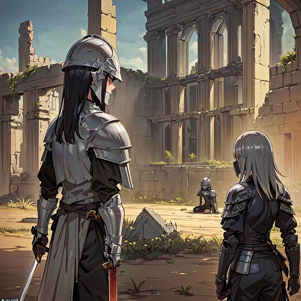 Best illustrations、Best Quality、(((Simple grey armor、Black trousers、Black glover.々Hairstyle、Mr.々Hair coron helmet、Iron Mask、Iron Helmet)、(((Grab the sword、Get Ready)))、(Old ruins、desert。Grass)、Fall to the floor、(Black, muddy swamp)、(中世の騎士が10 people)、(get annoyed、anxiety、impatience、Open your mouth、shout)、(lots of medieval knights、10 people)、battlefield、(From the back、Back view、back view)、From below