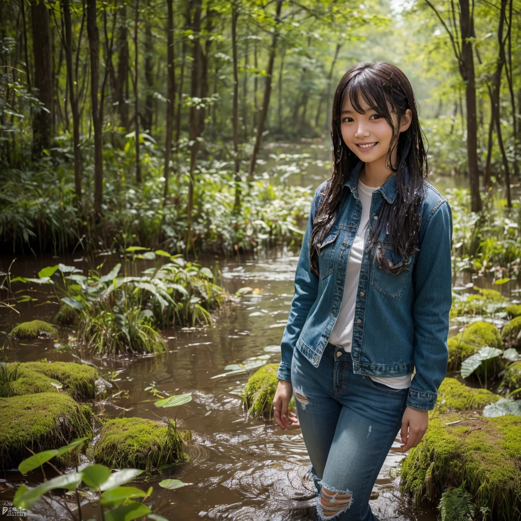 One girl, ,smile, High-resolution images, Asian,A lot of mud falls,woman, 彼女の服はCovered in mudになっている, Wet clothes,Captivatingly shining eyes. Covered in mud,Wearing a long sleeve denim shirt and jeans,soaked jeans, She is standing in the swamp. , captured in the style of a magical forest arツーork., (masterpiece, Highest quality, Official Art,Intricate details:1.2)