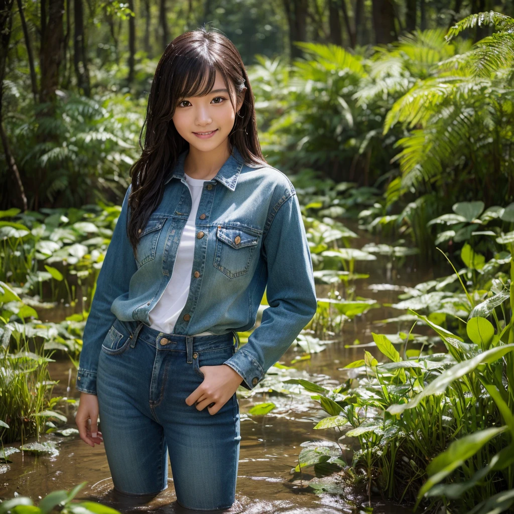 One girl, ,smile, High-resolution images, Asian,A lot of mud falls,woman, 彼女の服はCovered in mudになっている, Wet clothes,Captivatingly shining eyes. Covered in mud,Wearing a long sleeve denim shirt and jeans,soaked jeans, She is standing in the swamp. , captured in the style of a magical forest arツーork., (masterpiece, Highest quality, Official Art,Intricate details:1.2)