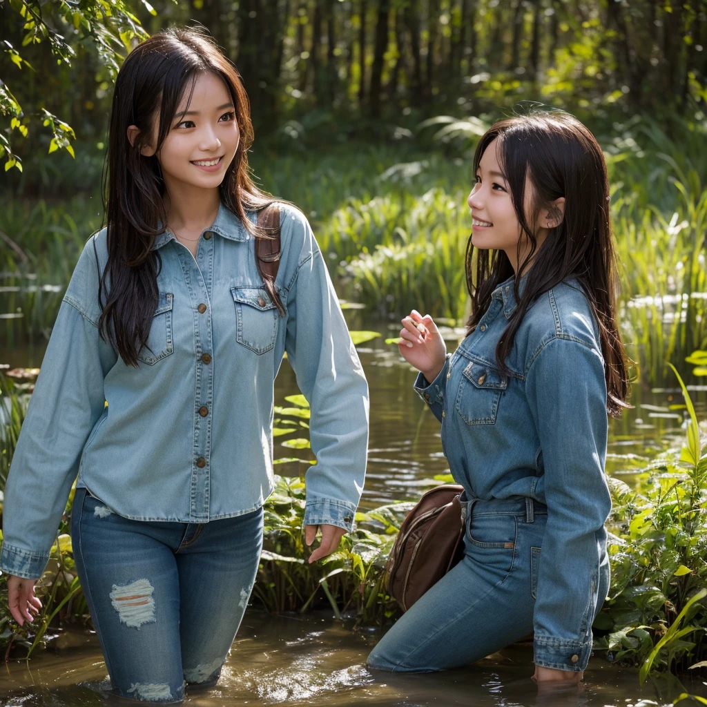 One girl, ,smile, High-resolution images, Asian,A lot of mud falls,woman, 彼女の服はCovered in mudになっている, Wet clothes,Captivatingly shining eyes. Covered in mud,Wearing a long sleeve denim shirt and jeans,soaked jeans, She is standing in the swamp. , captured in the style of a magical forest arツーork., (masterpiece, Highest quality, Official Art,Intricate details:1.2)