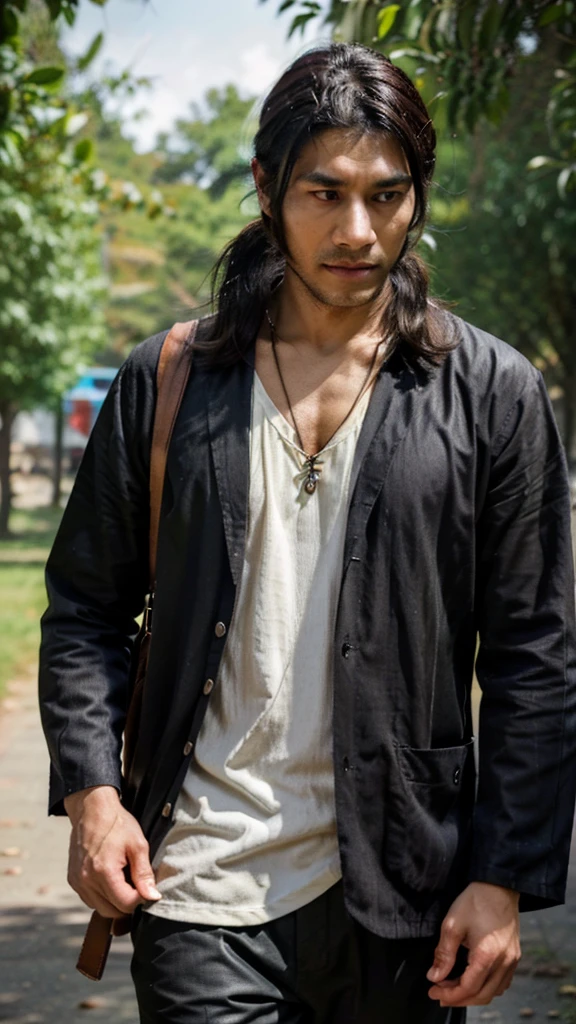"A 30-year-old man named Raka walks with wavy black hair tied halfway. He wears modern traditional clothing, such as batik with neutral-colored trousers, and a necklace with a wooden pen-shaped pendant. His dark brown eyes express enthusiasm, and his tan skin with a small scar on his left cheek adds character. Raka carries an old leather notebook and a unique feather pen, which he uses to draw simple illustrations in the air while telling stories. With a deep and calming voice, he brings stories to life, embedding moral values and cultural knowledge in each tale. Realistic, detailed, half-body."