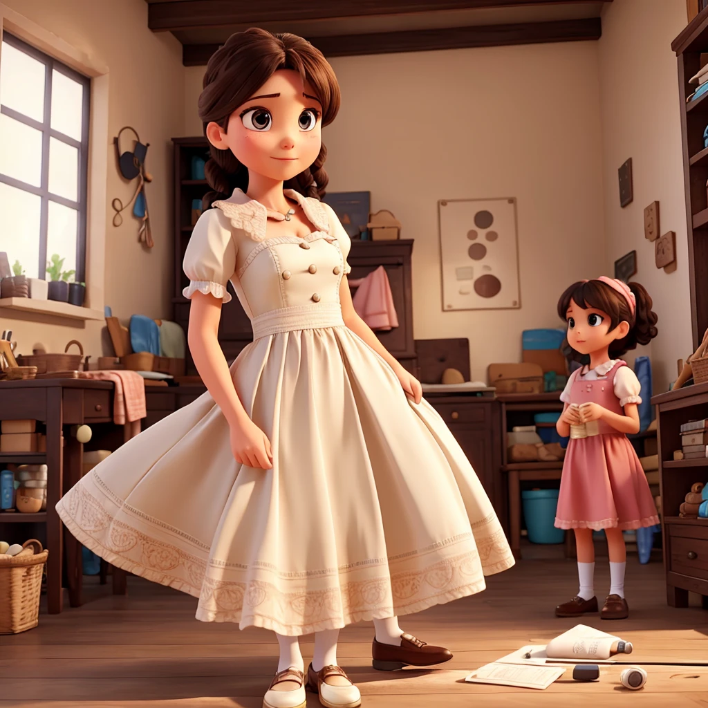 A woman making a dress and kids watching her
