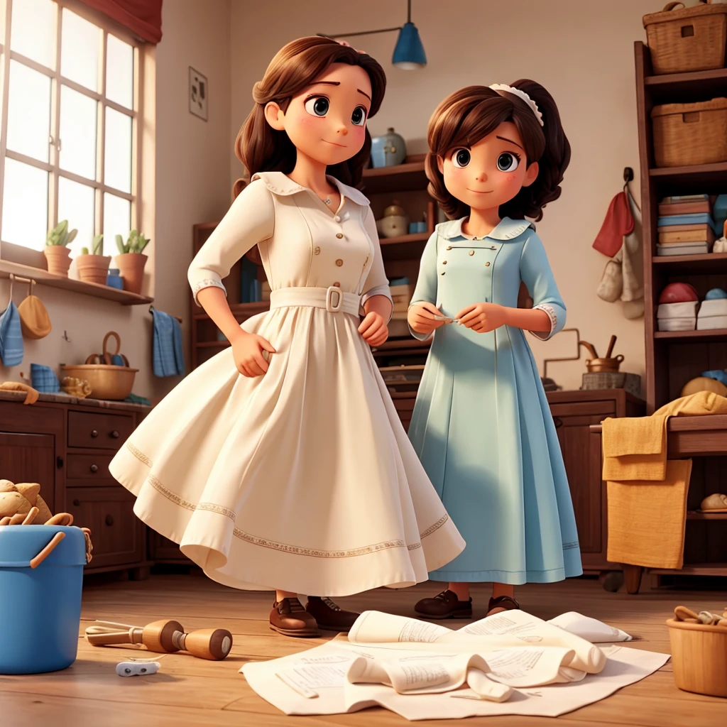 A woman making a dress and kids watching her
