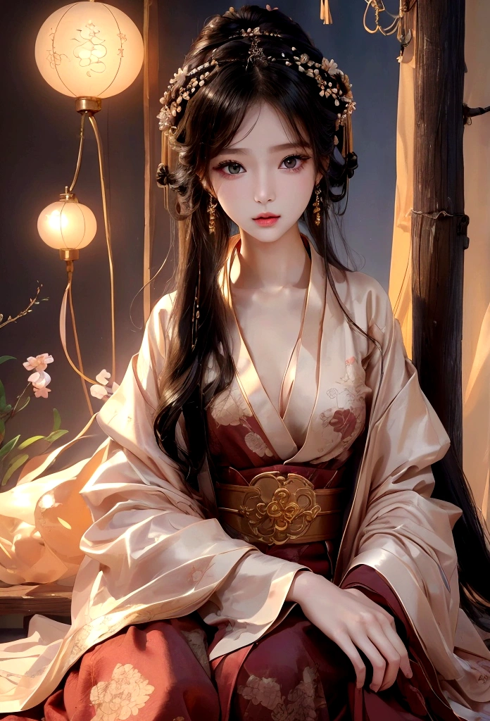 Best image quality、8K、masterpiece:1.3))、Realistic high-quality photos、Highest quality、 Beautiful face、Photos of slim models、Beautiful girl model、Young and pretty face、Beautiful model girl、A lovely and delicate face、Black Hair、Beautiful brown eyes、Young Body、Hanfu, (emphasize)、from the front、Camera gaze,、Anatomically correct、胸の谷間をemphasize、whole body、13-year-old female model